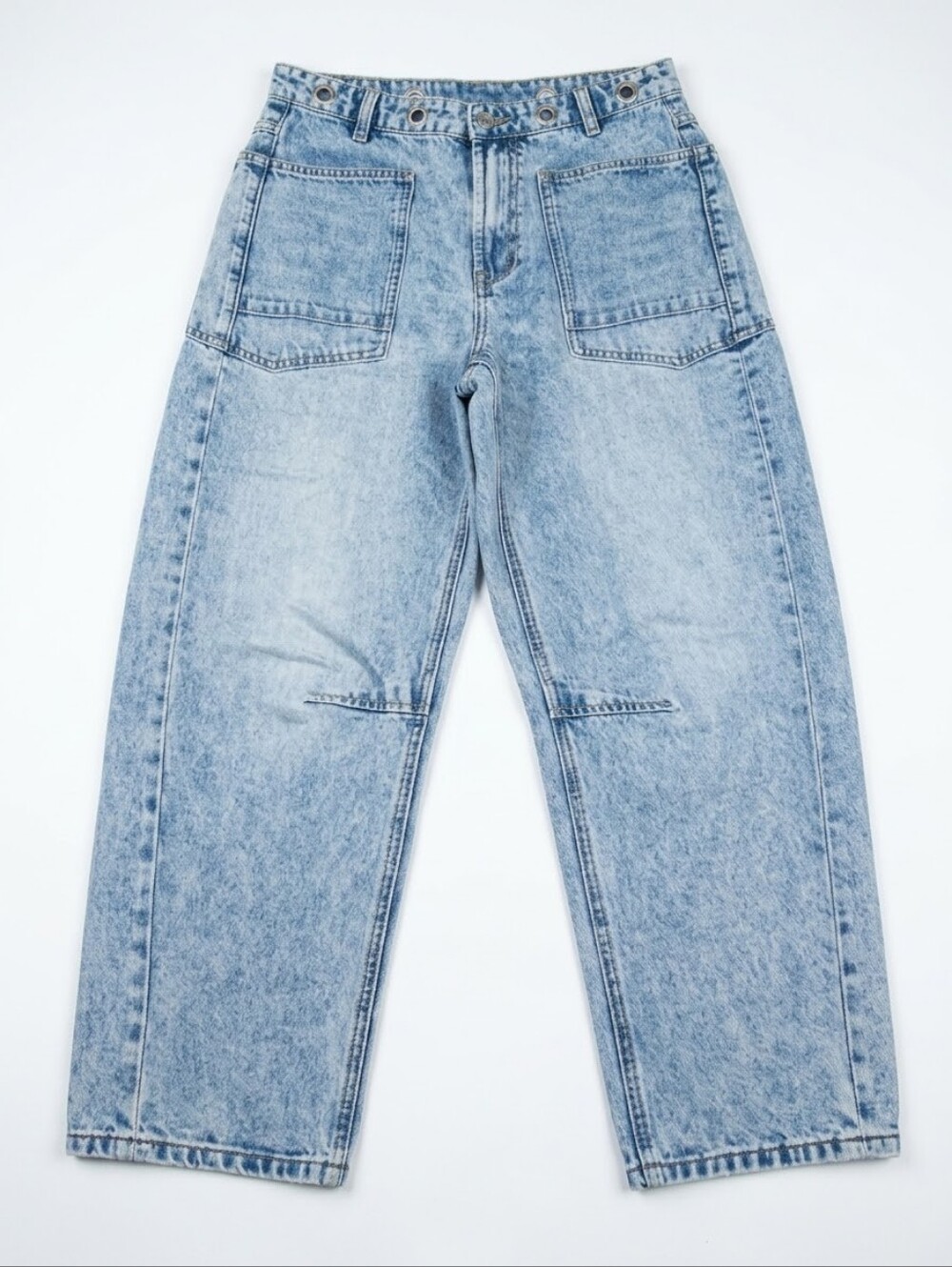 Miou Muse Womens Small Light Wash Grommet Belted Barrel Leg Jeans High Rise